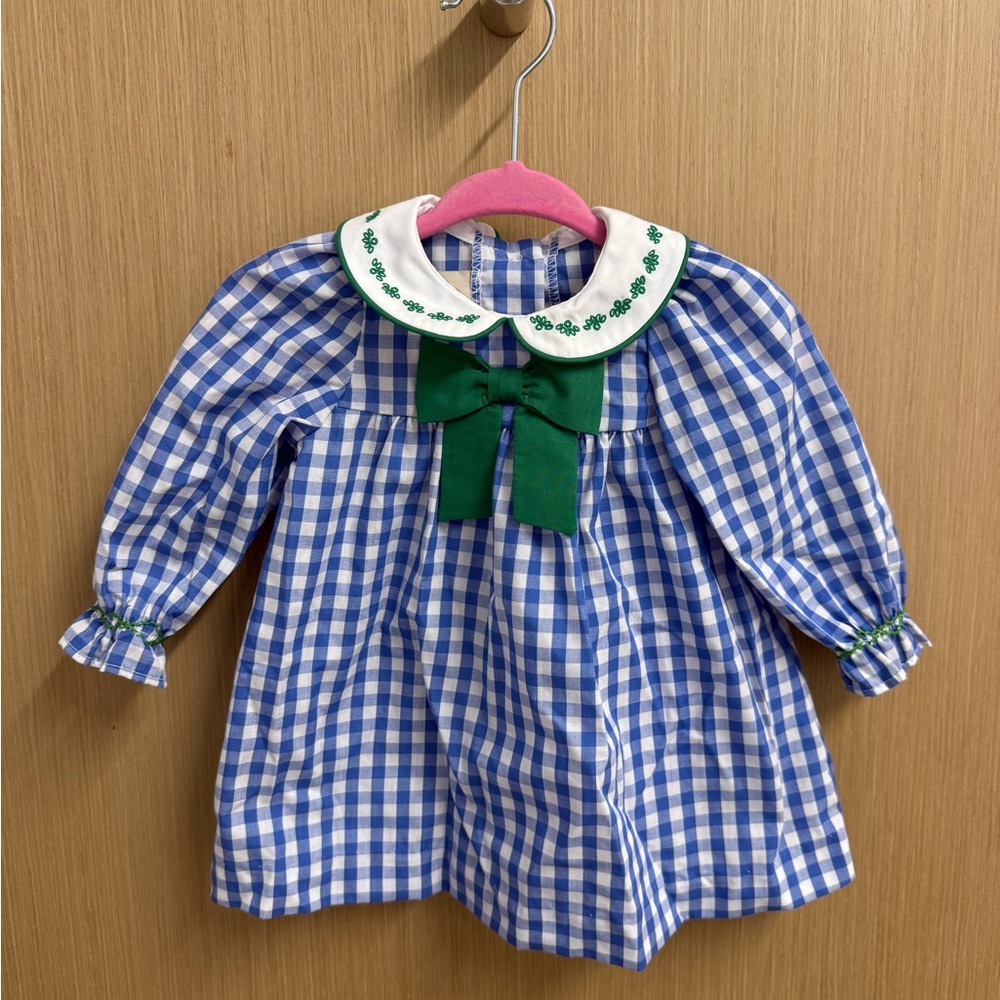 The Beaufort Bonnet Company Blue Gingham Dress with Green Accent
